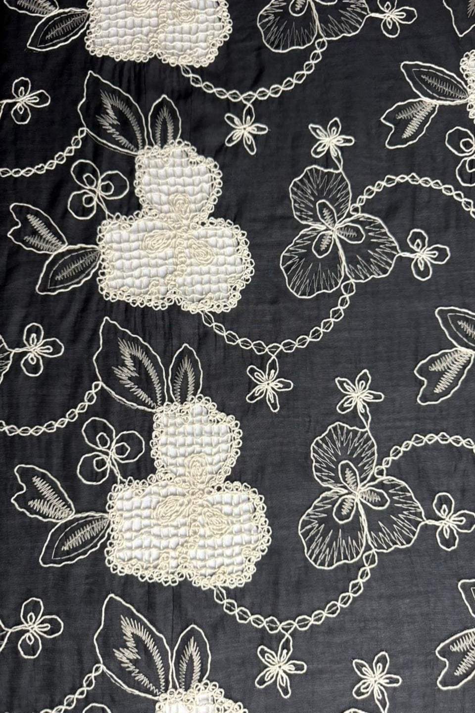 Midnight Black Paper Silk Shirt – Bold Ivory Chikan Kari & Floral Jali Work