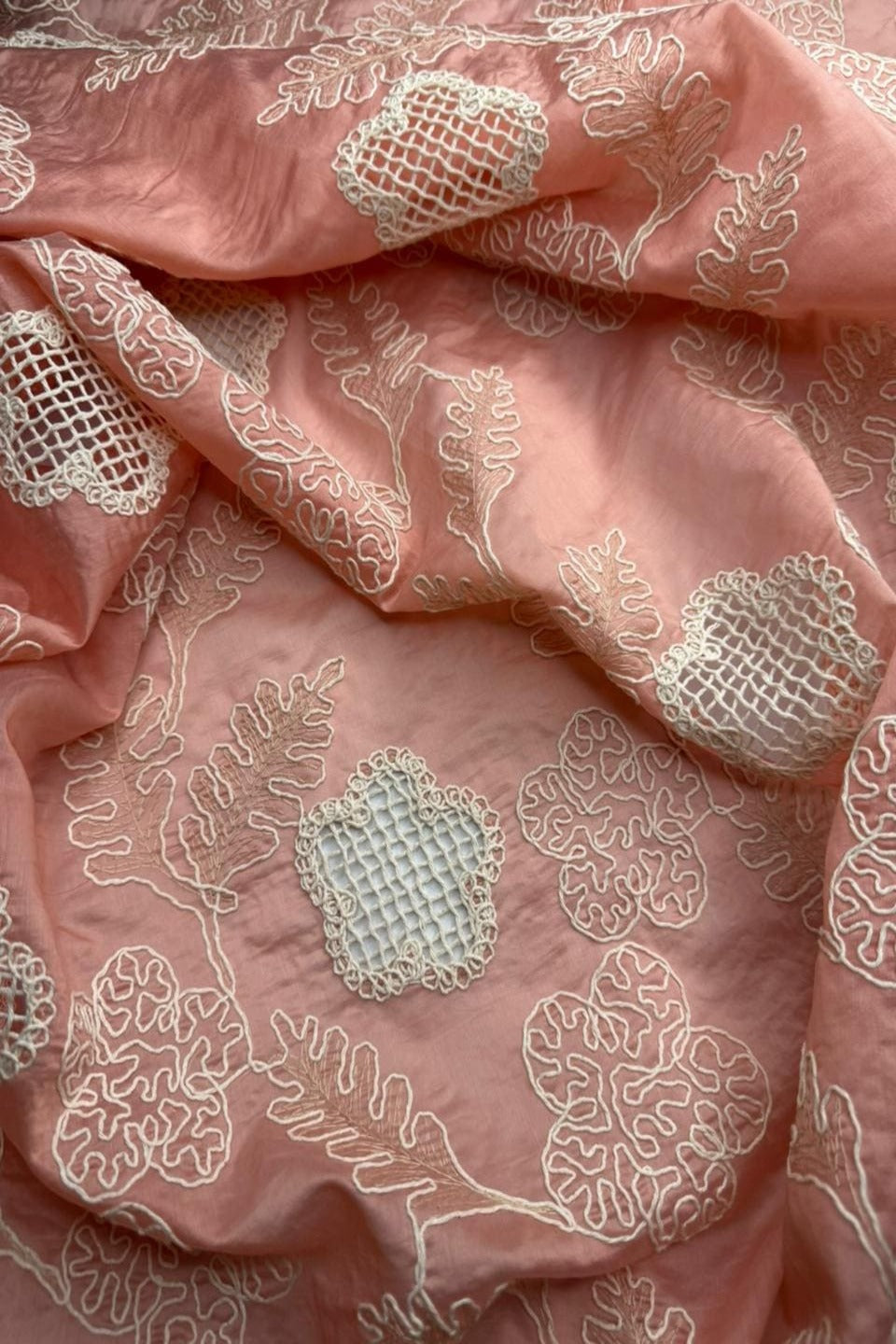 Amber Glow – Premium Paper Silk Chikan Kari Fabric