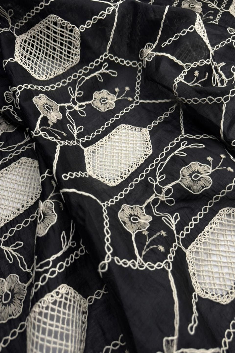 Midnight Ebony – Geometric Chikan Kari on Premium Paper SilK