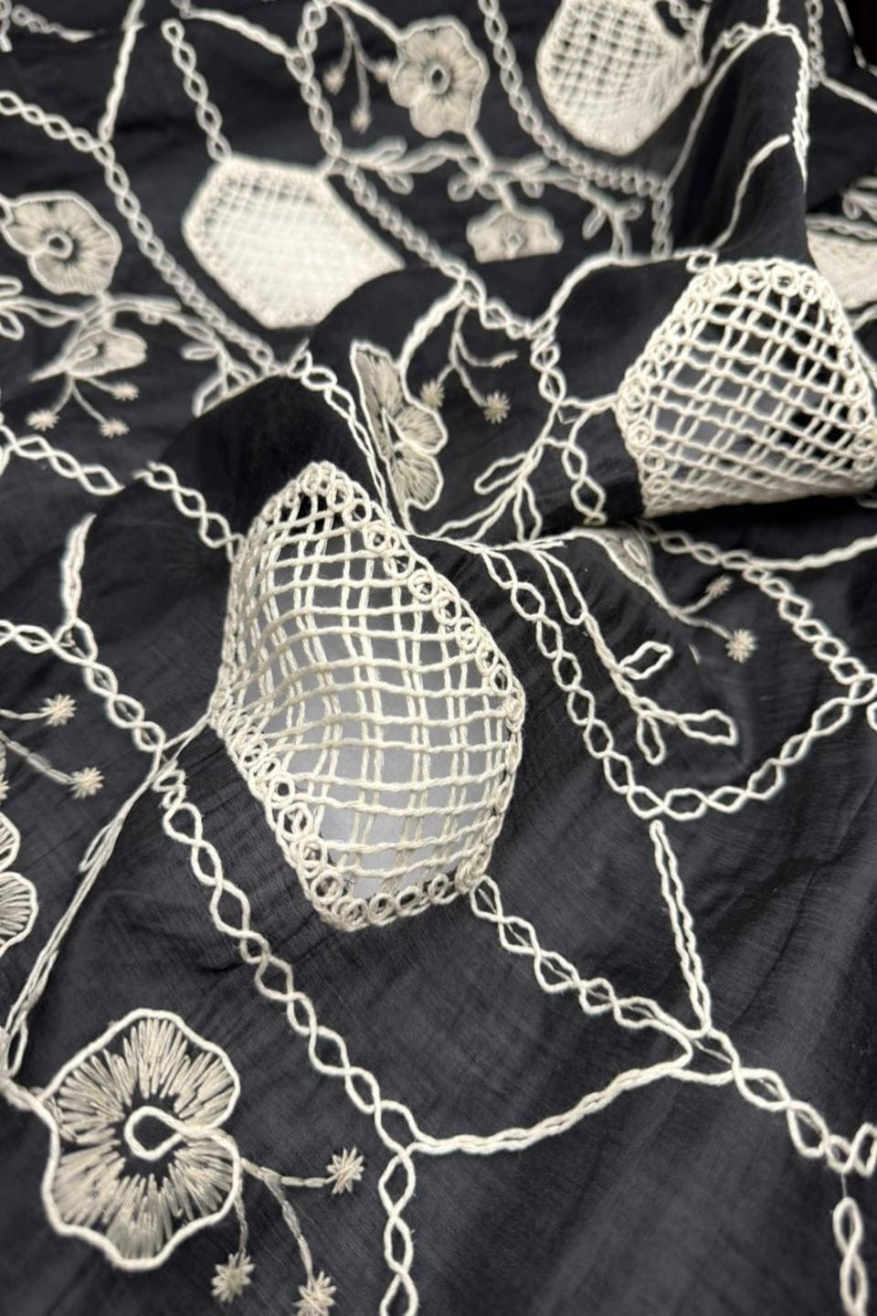 Midnight Ebony – Geometric Chikan Kari on Premium Paper SilK