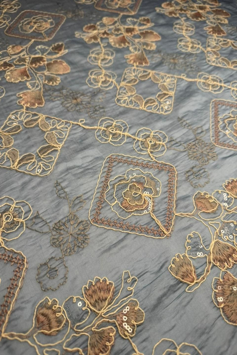 Silver Mist – Sequin-Embroidery Chikan Kari on Steel Blue Paper Silk