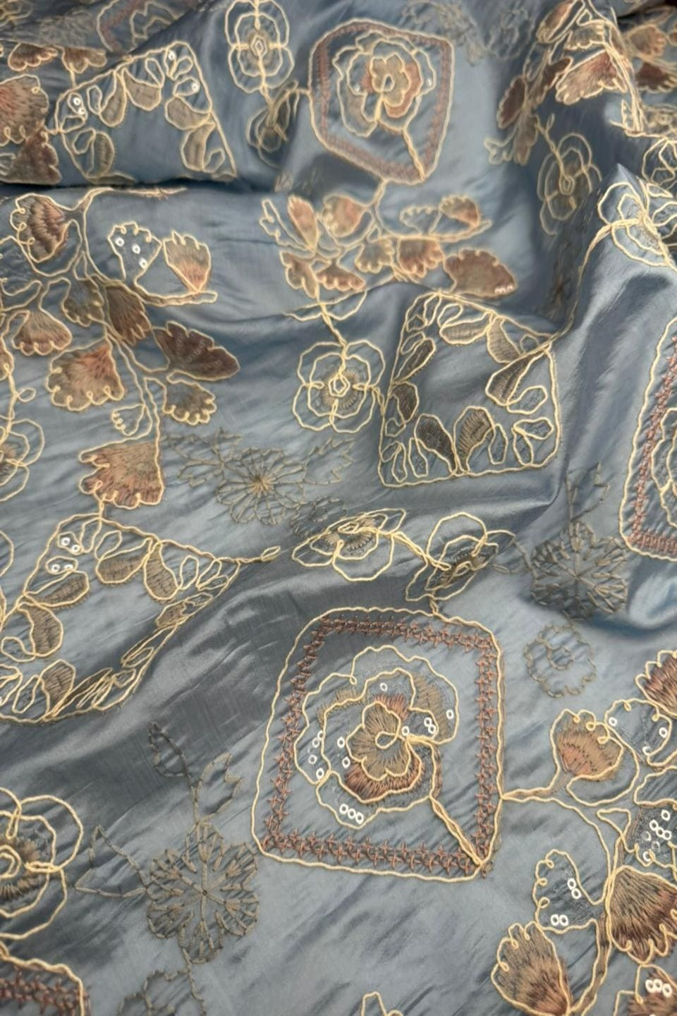 Silver Mist – Sequin-Embroidery Chikan Kari on Steel Blue Paper Silk