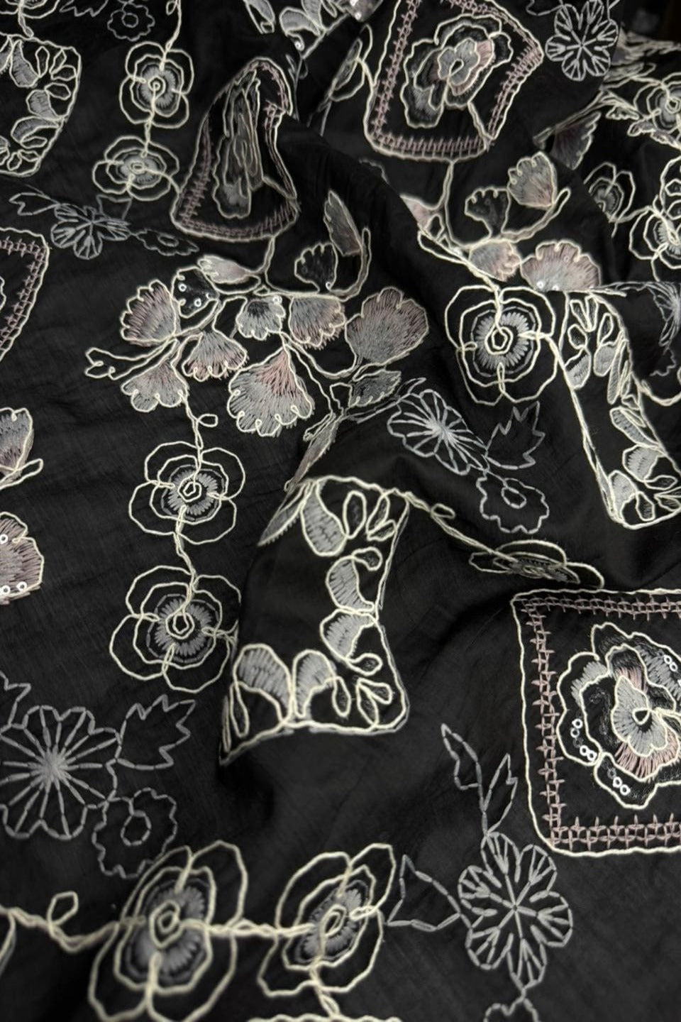 Starlit Obsidian – Multi-Tonal Sequin Chikan Kari on Black Paper Silk