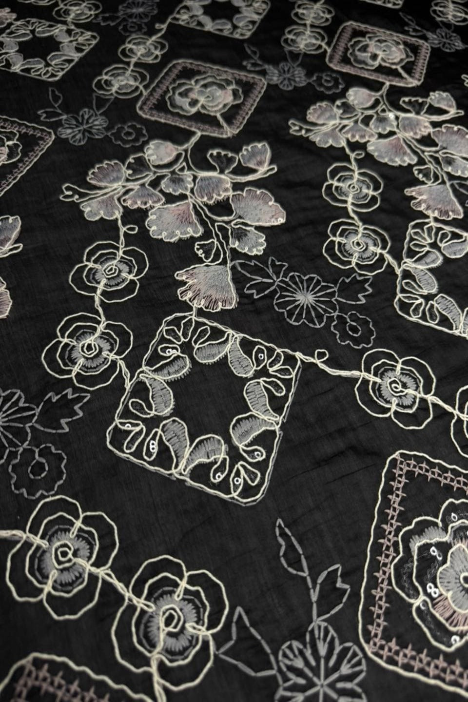 Close-up of black fabric with white floral embroidery