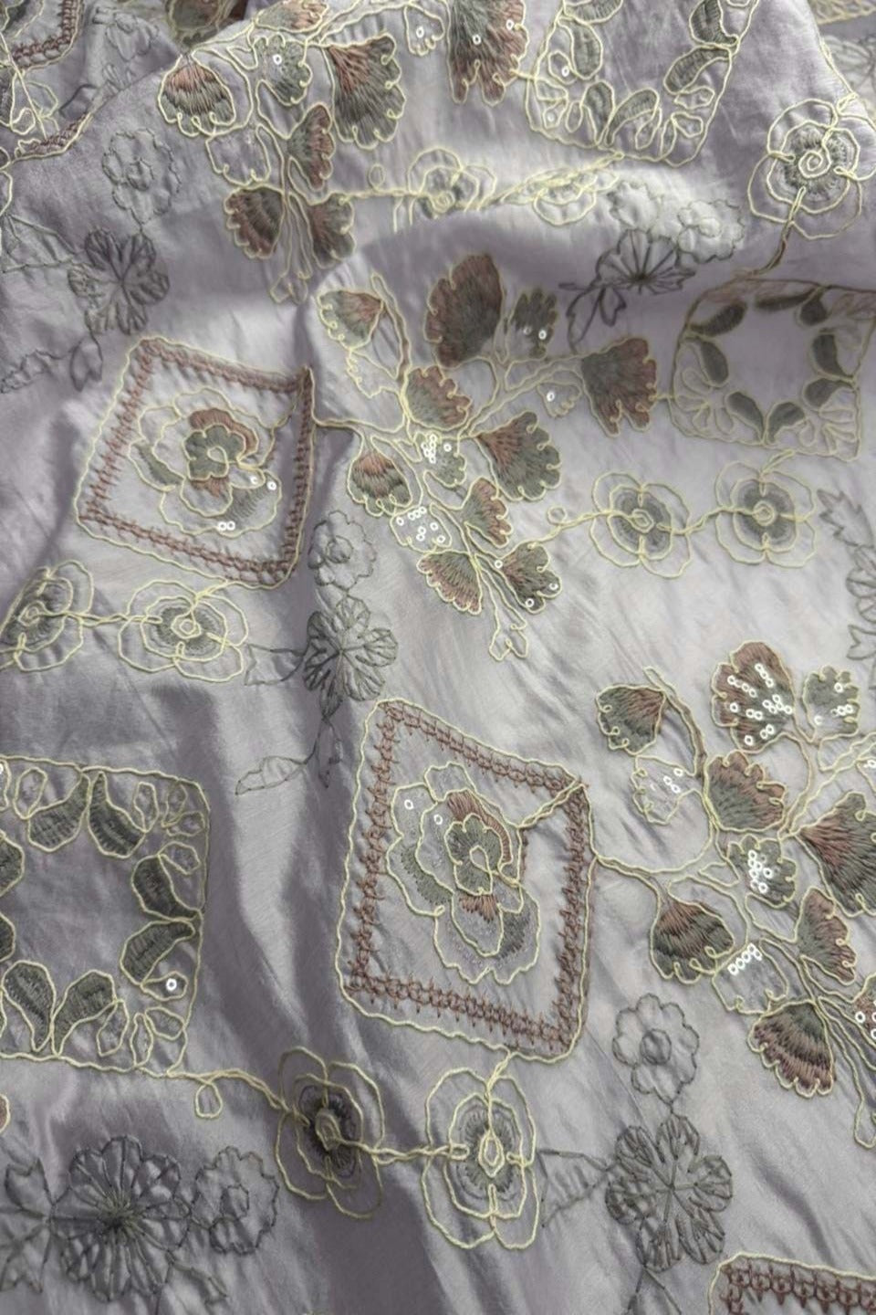 Close-up of embroidered fabric with floral patterns on a gray background