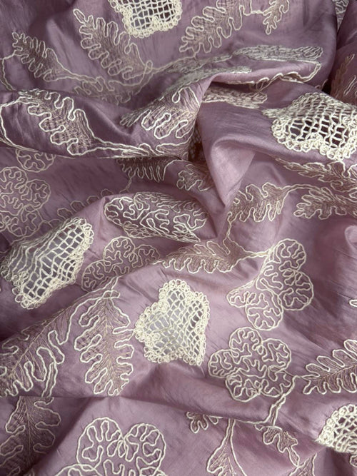 "Premium Designer Dusty Rose Paper Silk Shirt – Intricate Ivory Chikan Kari & Jali Cutwork"