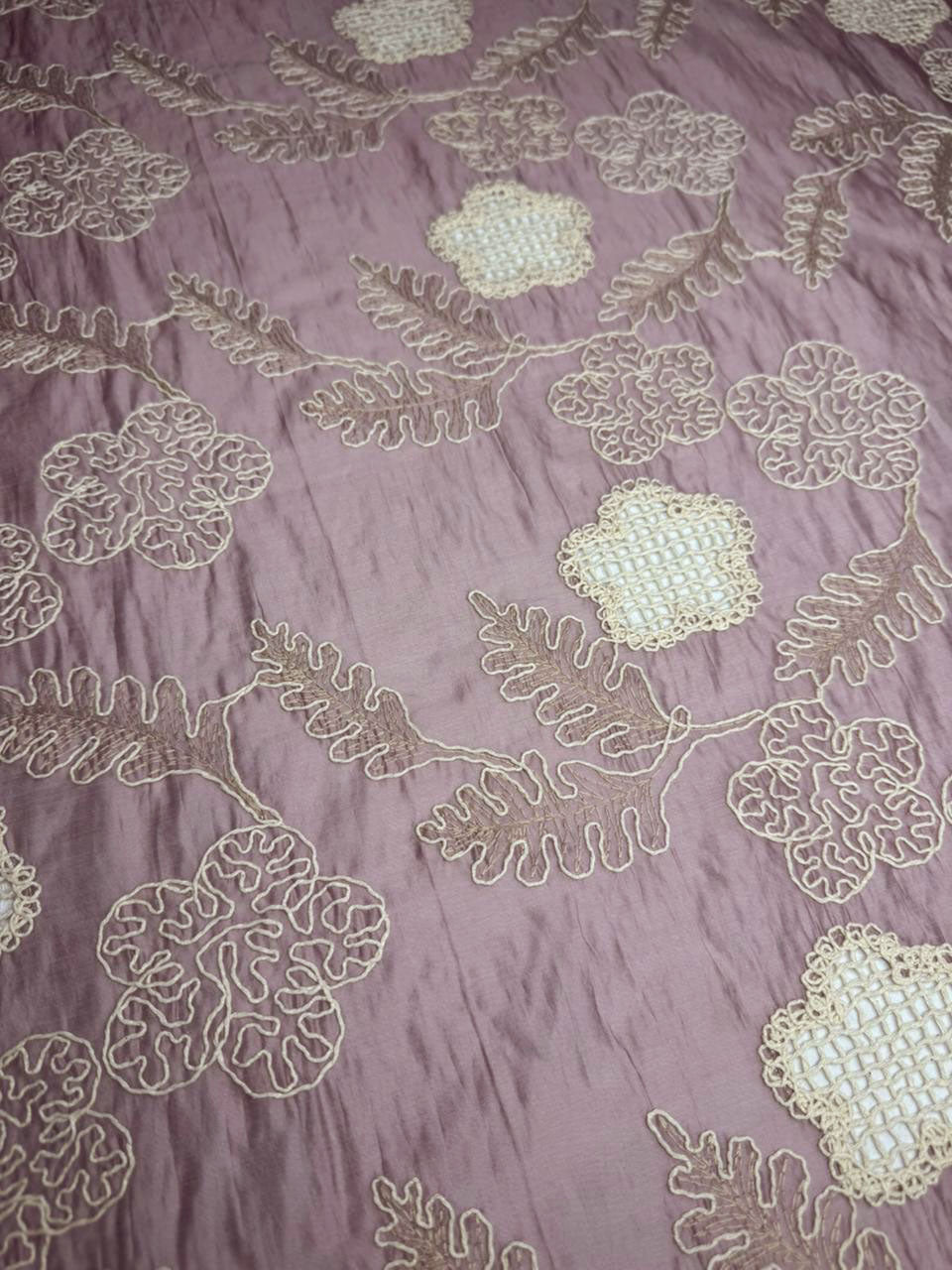 "Premium Designer Dusty Rose Paper Silk Shirt – Intricate Ivory Chikan Kari & Jali Cutwork"